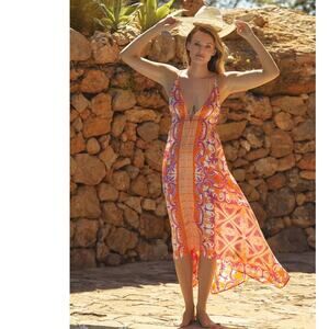 New Anthropologie Abstract Geo Midi Cover-Up Dress $120 SMALL Orange Motif